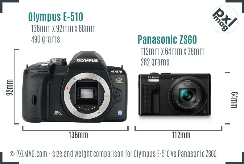 Olympus E-510 vs Panasonic ZS60 size comparison