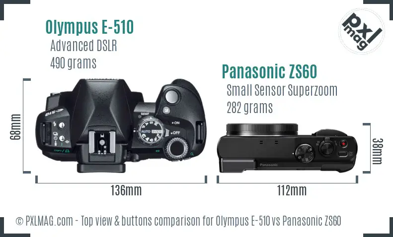 Olympus E-510 vs Panasonic ZS60 top view buttons comparison