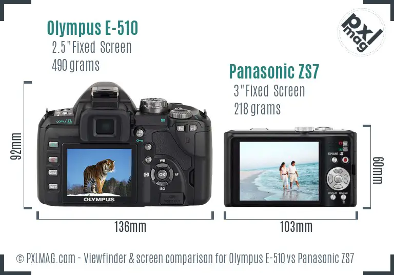 Olympus E-510 vs Panasonic ZS7 Screen and Viewfinder comparison