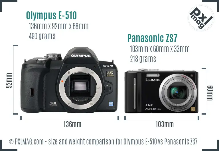 Olympus E-510 vs Panasonic ZS7 size comparison