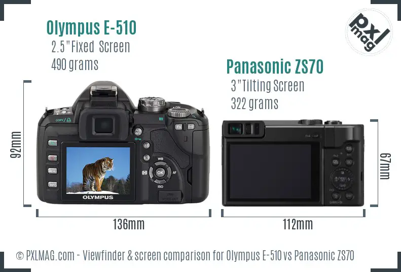 Olympus E-510 vs Panasonic ZS70 Screen and Viewfinder comparison