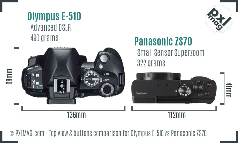 Olympus E-510 vs Panasonic ZS70 top view buttons comparison