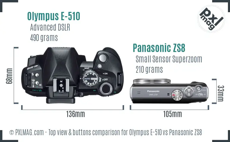 Olympus E-510 vs Panasonic ZS8 top view buttons comparison