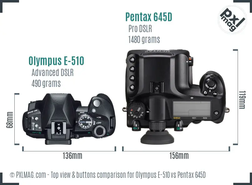 Olympus E-510 vs Pentax 645D top view buttons comparison