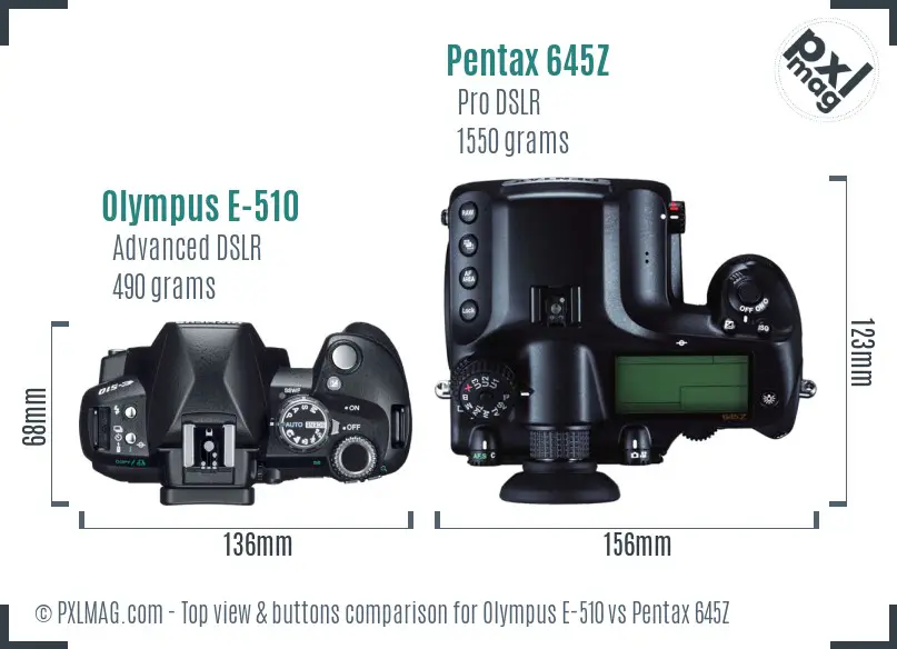 Olympus E-510 vs Pentax 645Z top view buttons comparison