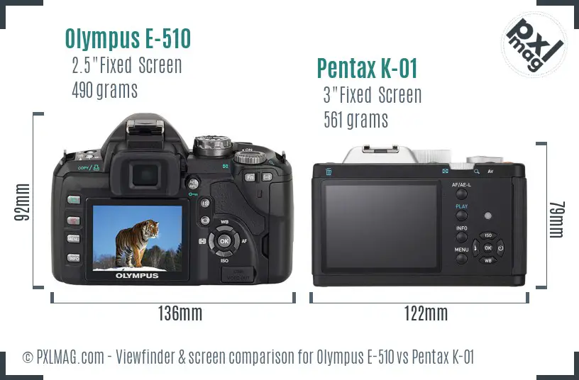 Olympus E-510 vs Pentax K-01 Screen and Viewfinder comparison