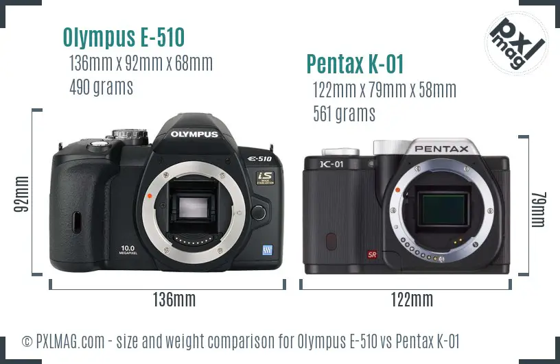 Olympus E-510 vs Pentax K-01 size comparison