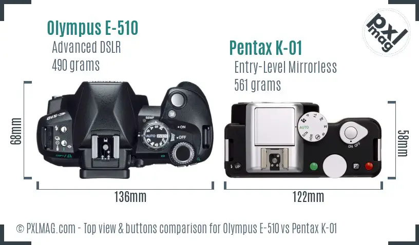 Olympus E-510 vs Pentax K-01 top view buttons comparison
