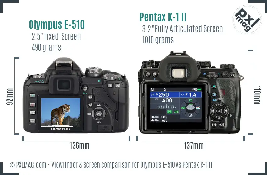 Olympus E-510 vs Pentax K-1 II Screen and Viewfinder comparison