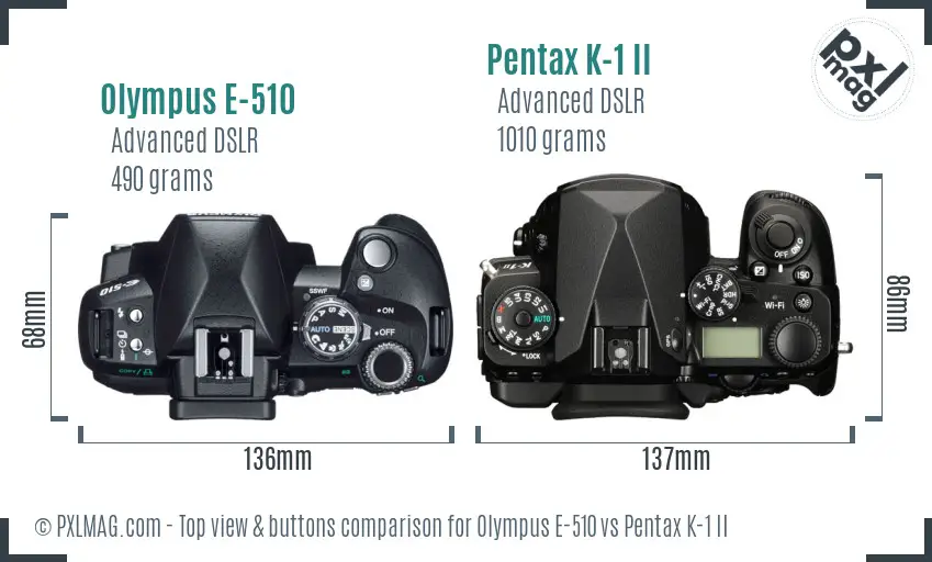 Olympus E-510 vs Pentax K-1 II top view buttons comparison