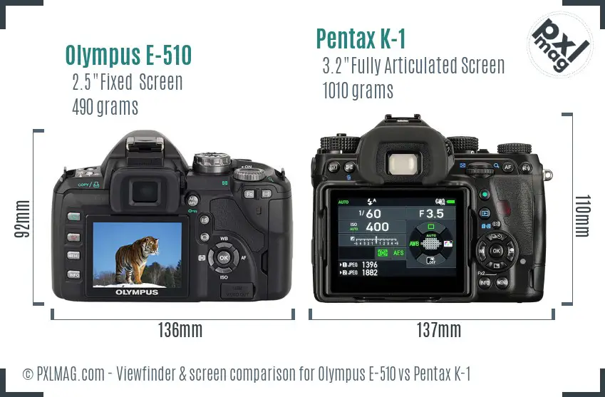 Olympus E-510 vs Pentax K-1 Screen and Viewfinder comparison