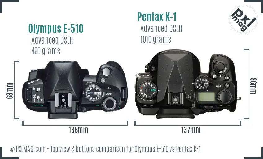Olympus E-510 vs Pentax K-1 top view buttons comparison