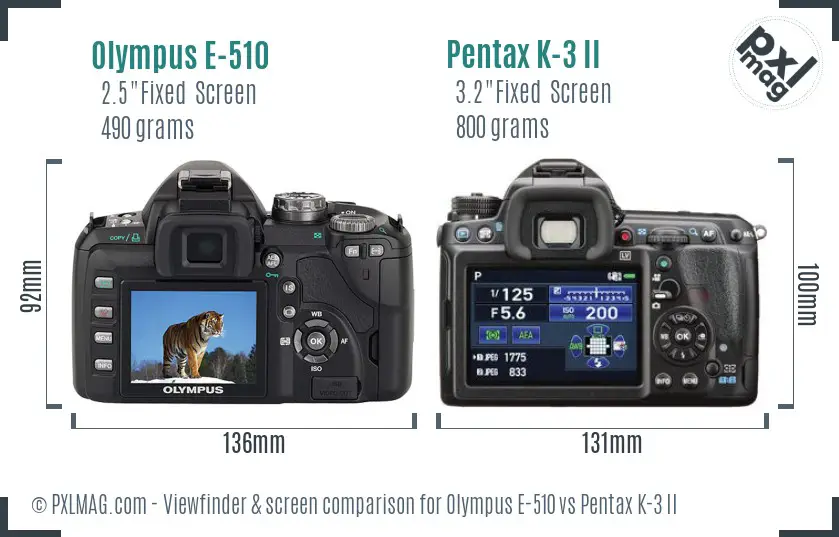 Olympus E-510 vs Pentax K-3 II Screen and Viewfinder comparison