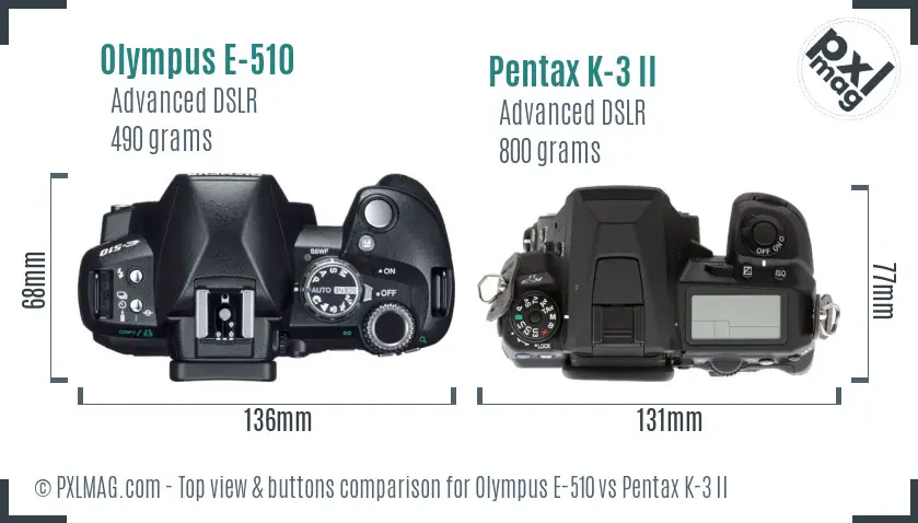 Olympus E-510 vs Pentax K-3 II top view buttons comparison