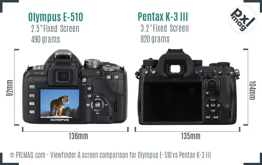 Olympus E-510 vs Pentax K-3 III Screen and Viewfinder comparison