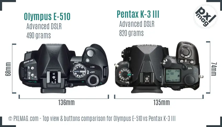 Olympus E-510 vs Pentax K-3 III top view buttons comparison
