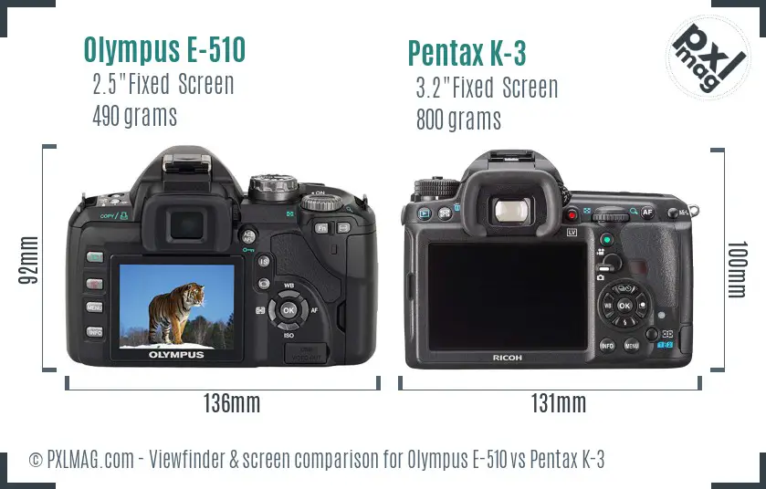 Olympus E-510 vs Pentax K-3 Screen and Viewfinder comparison