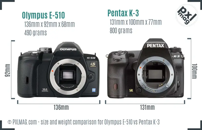 Olympus E-510 vs Pentax K-3 size comparison