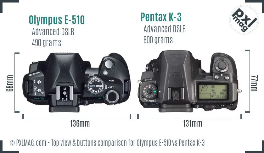 Olympus E-510 vs Pentax K-3 top view buttons comparison