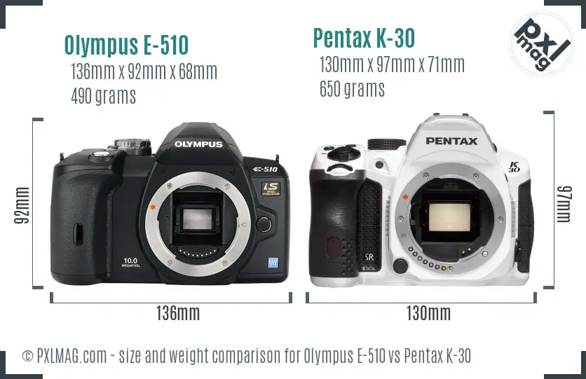 Olympus E-510 vs Pentax K-30 size comparison