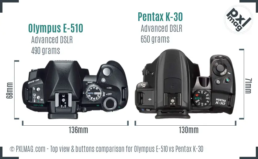 Olympus E-510 vs Pentax K-30 top view buttons comparison