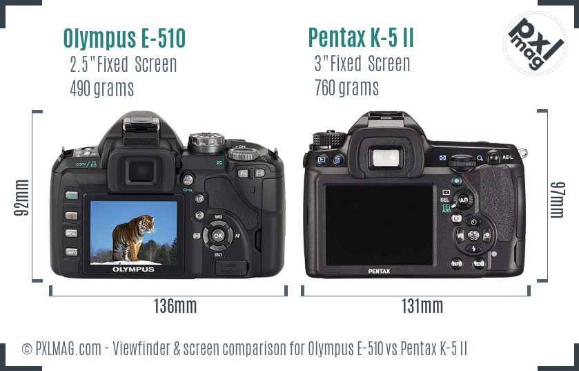 Olympus E-510 vs Pentax K-5 II Screen and Viewfinder comparison