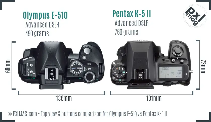 Olympus E-510 vs Pentax K-5 II top view buttons comparison