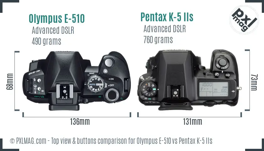 Olympus E-510 vs Pentax K-5 IIs top view buttons comparison
