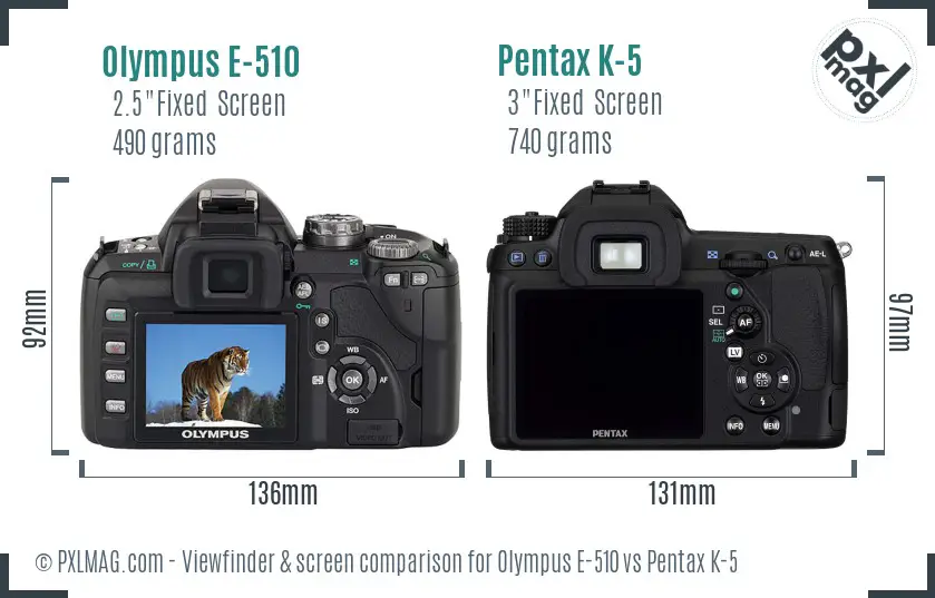 Olympus E-510 vs Pentax K-5 Screen and Viewfinder comparison