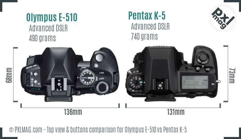 Olympus E-510 vs Pentax K-5 top view buttons comparison