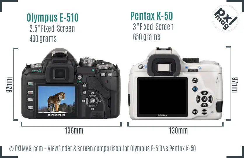 Olympus E-510 vs Pentax K-50 Screen and Viewfinder comparison