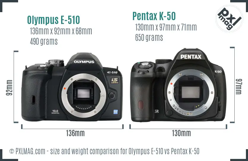 Olympus E-510 vs Pentax K-50 size comparison