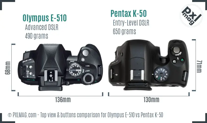 Olympus E-510 vs Pentax K-50 top view buttons comparison