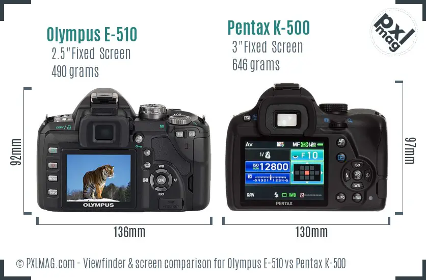 Olympus E-510 vs Pentax K-500 Screen and Viewfinder comparison