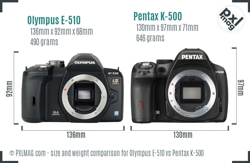 Olympus E-510 vs Pentax K-500 size comparison