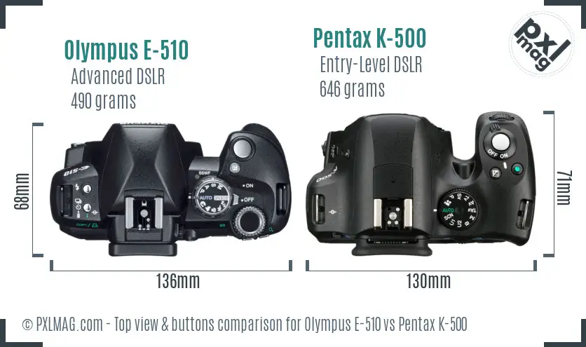 Olympus E-510 vs Pentax K-500 top view buttons comparison