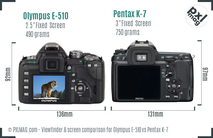 Olympus E-510 vs Pentax K-7 Screen and Viewfinder comparison