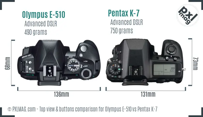 Olympus E-510 vs Pentax K-7 top view buttons comparison