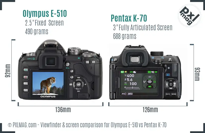 Olympus E-510 vs Pentax K-70 Screen and Viewfinder comparison
