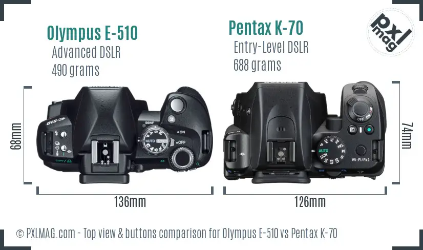 Olympus E-510 vs Pentax K-70 top view buttons comparison