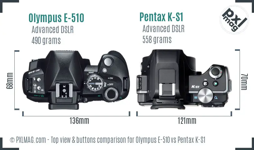Olympus E-510 vs Pentax K-S1 top view buttons comparison