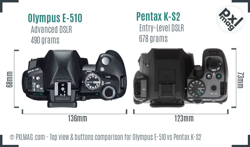 Olympus E-510 vs Pentax K-S2 top view buttons comparison