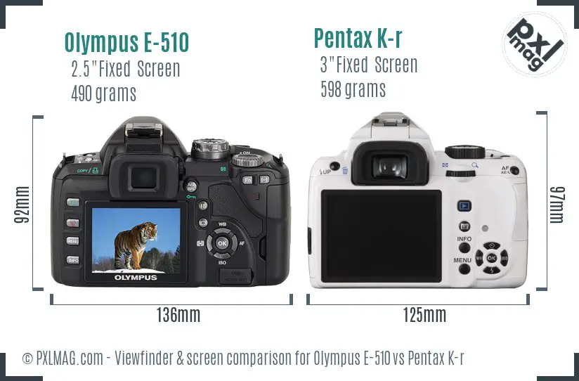 Olympus E-510 vs Pentax K-r Screen and Viewfinder comparison
