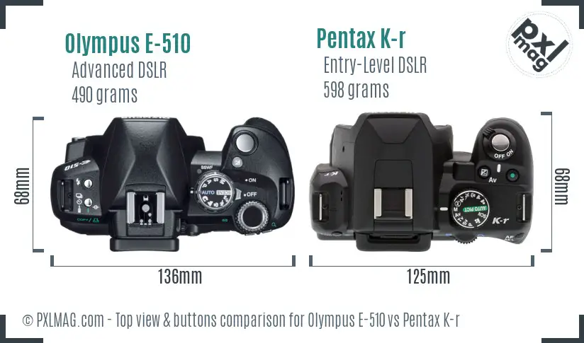 Olympus E-510 vs Pentax K-r top view buttons comparison