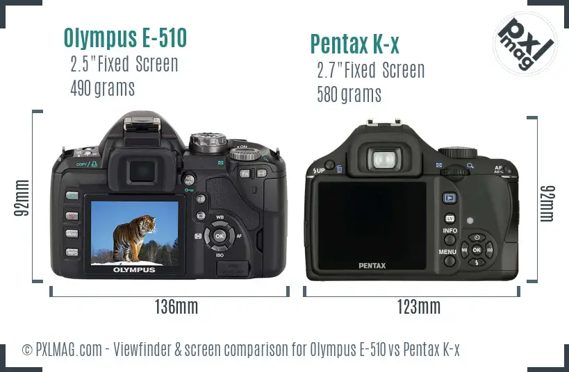 Olympus E-510 vs Pentax K-x Screen and Viewfinder comparison