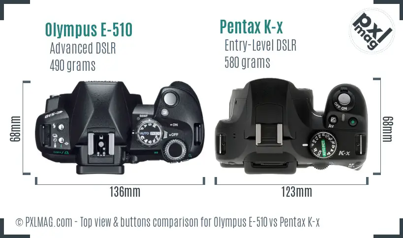 Olympus E-510 vs Pentax K-x top view buttons comparison
