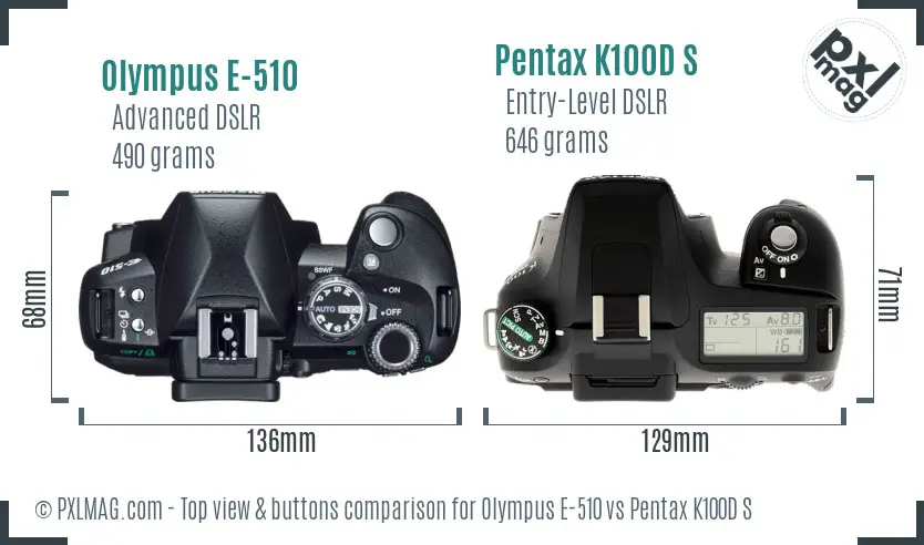 Olympus E-510 vs Pentax K100D S top view buttons comparison