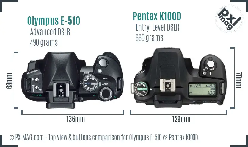 Olympus E-510 vs Pentax K100D top view buttons comparison