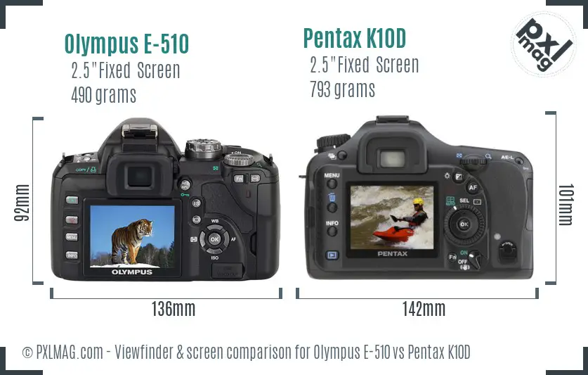 Olympus E-510 vs Pentax K10D Screen and Viewfinder comparison