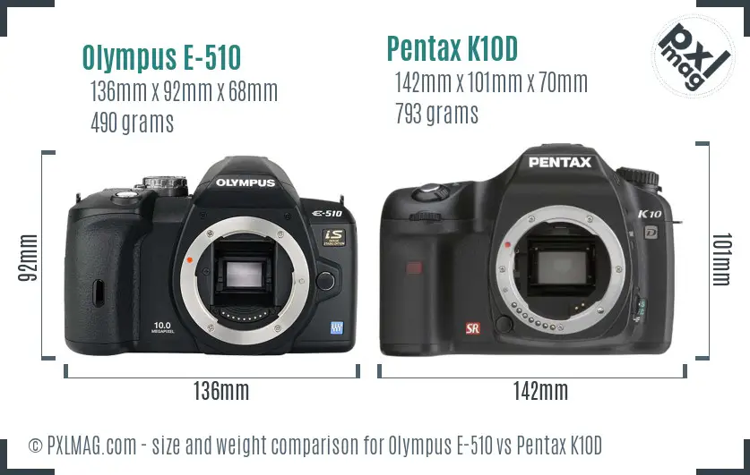Olympus E-510 vs Pentax K10D size comparison